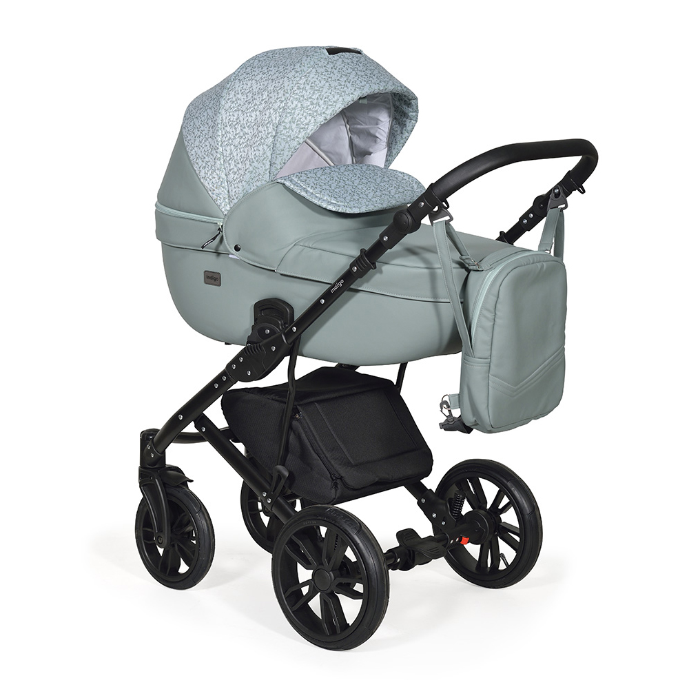 Коляска 2 в 1 Indigo MIO - Mi 06 (шалфей кожа+зеленый узор)