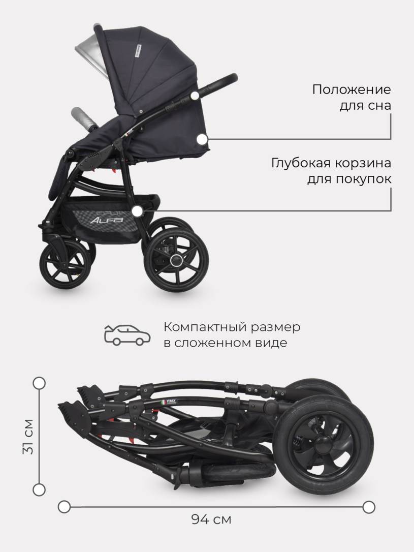 Коляска 2 в 1 Riko Basic Alfa Ecco 01 черно-серебристый