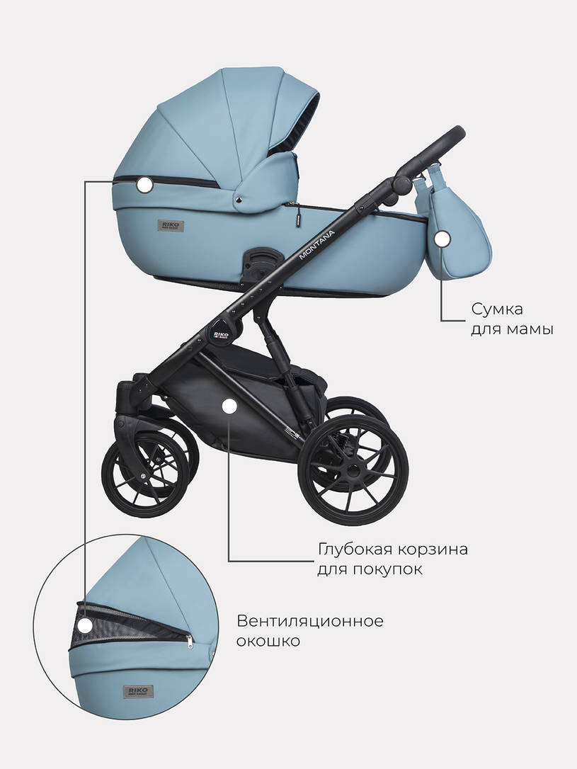 Коляска 2 в 1 Riko Basic Montana Ecco 16 blue, голубой