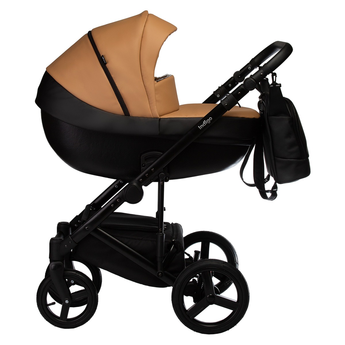 Коляска 2 в 1 Indigo Tour Eco, Te 05 (Черная кожа + Рыжая кожа)