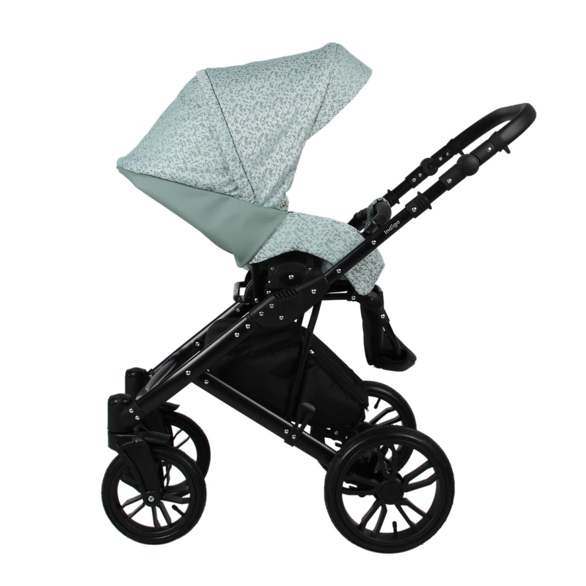 Коляска 2 в 1 Indigo MIO - Mi 06 (шалфей кожа+зеленый узор)